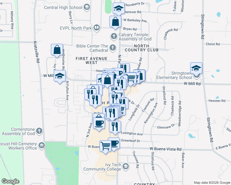 map of restaurants, bars, coffee shops, grocery stores, and more near 4550 North First Avenue in Evansville