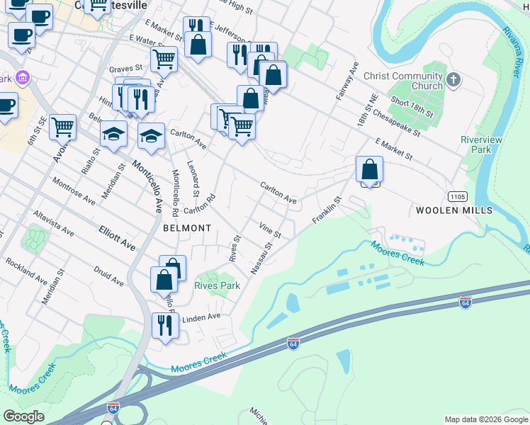 map of restaurants, bars, coffee shops, grocery stores, and more near 1400 Midland Street in Charlottesville