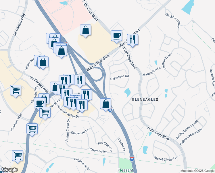 map of restaurants, bars, coffee shops, grocery stores, and more near 3001 Roundway Down Lane in Lexington