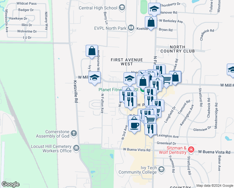 map of restaurants, bars, coffee shops, grocery stores, and more near 1125 Wellington Drive in Evansville