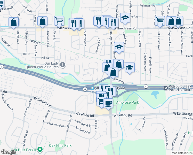 map of restaurants, bars, coffee shops, grocery stores, and more near 675 Chadwick Lane in Bay Point