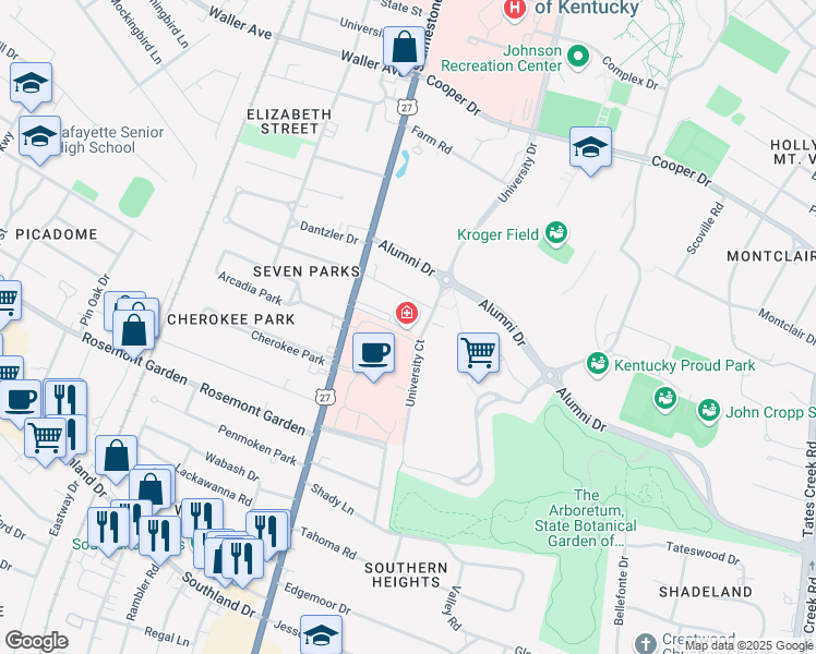 map of restaurants, bars, coffee shops, grocery stores, and more near 1640 Nicholasville Road in Lexington