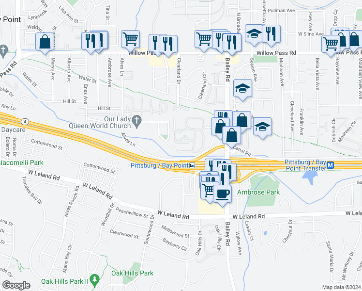 map of restaurants, bars, coffee shops, grocery stores, and more near 105 Lancaster Lane in Bay Point