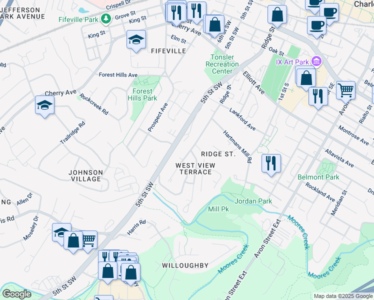 map of restaurants, bars, coffee shops, grocery stores, and more near 839-877 Ridge Street in Charlottesville