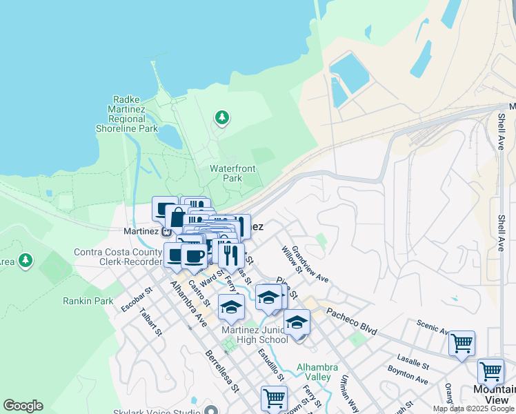 map of restaurants, bars, coffee shops, grocery stores, and more near 1227 Escobar Street in Martinez