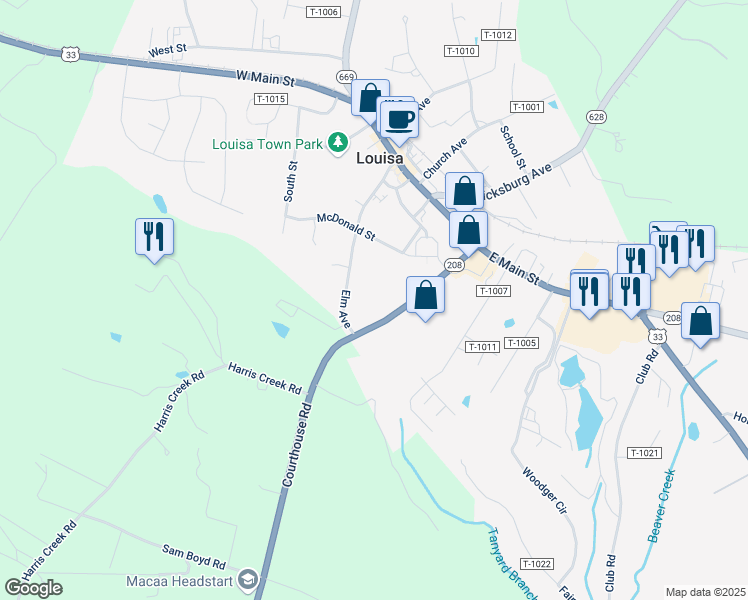 map of restaurants, bars, coffee shops, grocery stores, and more near 210 Elm Avenue in Louisa