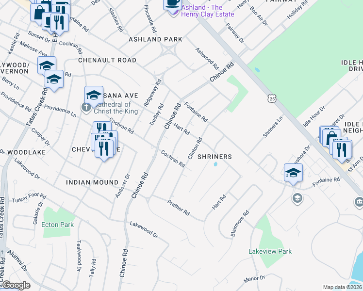 map of restaurants, bars, coffee shops, grocery stores, and more near 405 Clinton Road in Lexington