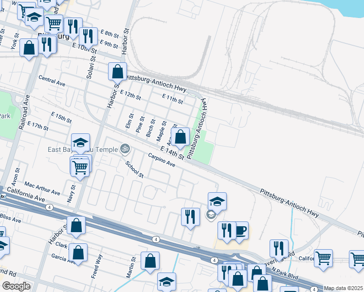map of restaurants, bars, coffee shops, grocery stores, and more near 1371 Columbia Street in Pittsburg