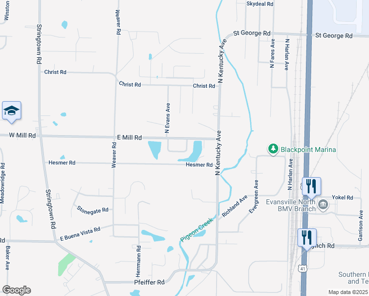 map of restaurants, bars, coffee shops, grocery stores, and more near 836 Harmon Court in Evansville