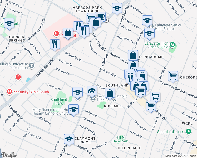 map of restaurants, bars, coffee shops, grocery stores, and more near 2200 Clays Mill Road in Lexington