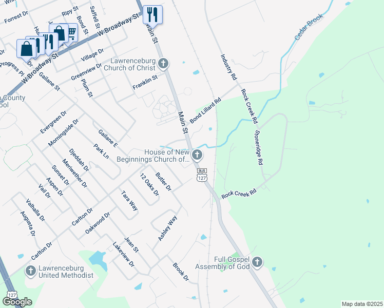 map of restaurants, bars, coffee shops, grocery stores, and more near 1160 U.S. 127 Business in Lawrenceburg
