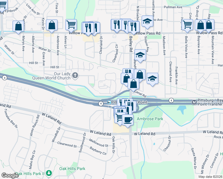 map of restaurants, bars, coffee shops, grocery stores, and more near 422 Lancaster Lane in Bay Point