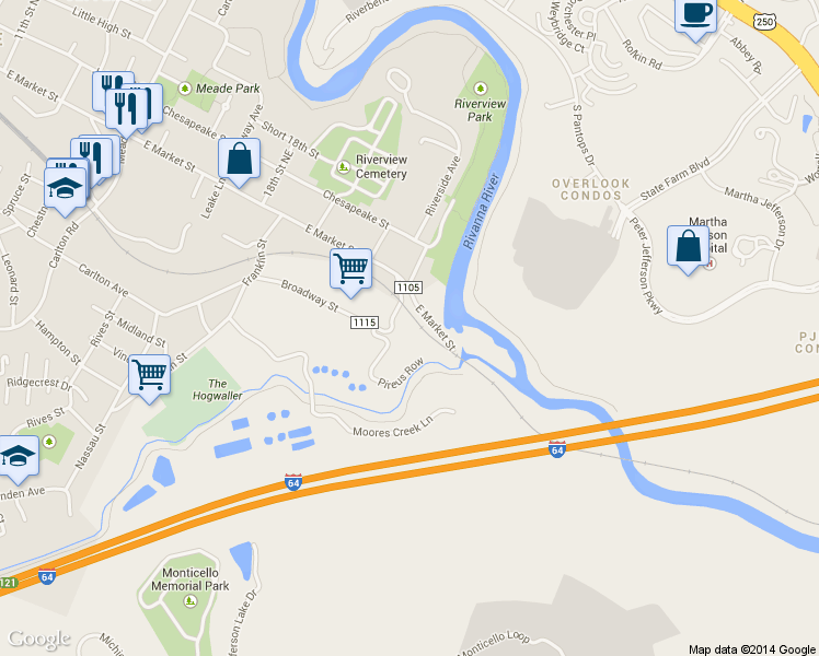 map of restaurants, bars, coffee shops, grocery stores, and more near 2008 Pireus Row in Charlottesville