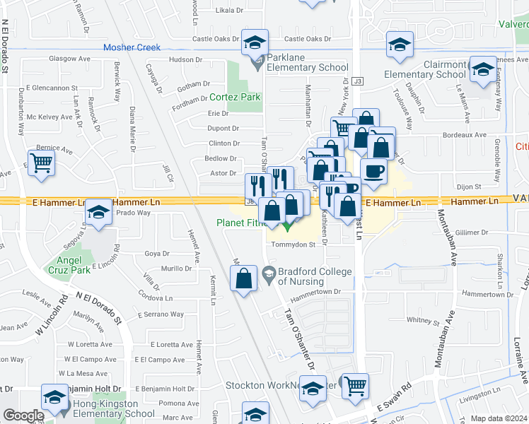 map of restaurants, bars, coffee shops, grocery stores, and more near 7860 Tam O Shanter Drive in Stockton