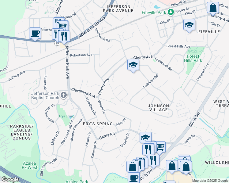 map of restaurants, bars, coffee shops, grocery stores, and more near 930 Rainier Road in Charlottesville