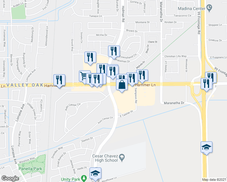 map of restaurants, bars, coffee shops, grocery stores, and more near 3554 East Hammer Lane in Stockton
