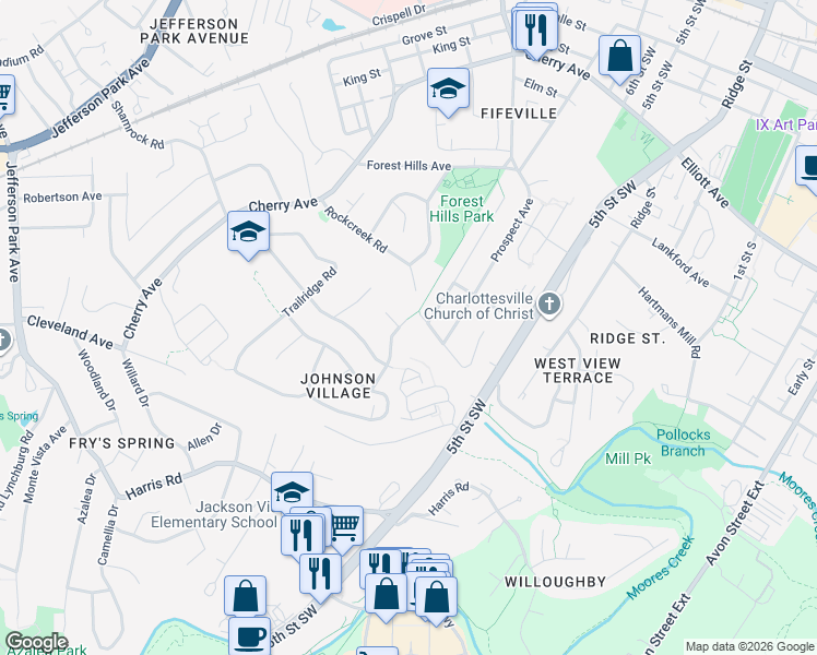 map of restaurants, bars, coffee shops, grocery stores, and more near 1508 Antoinette Avenue in Charlottesville