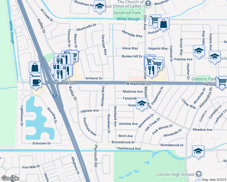 map of restaurants, bars, coffee shops, grocery stores, and more near 7703 Westland Avenue in Stockton