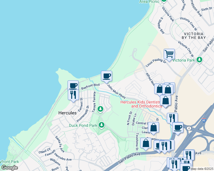 map of restaurants, bars, coffee shops, grocery stores, and more near 2525 Bayfront Boulevard in Hercules