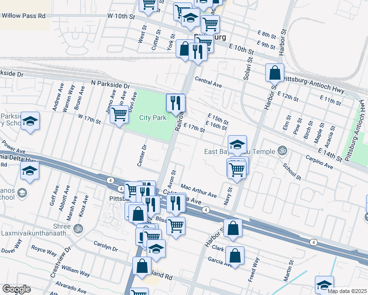 map of restaurants, bars, coffee shops, grocery stores, and more near 142 Oak Place in Pittsburg