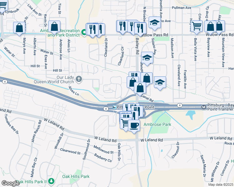 map of restaurants, bars, coffee shops, grocery stores, and more near 675 Chadwick Lane in Bay Point