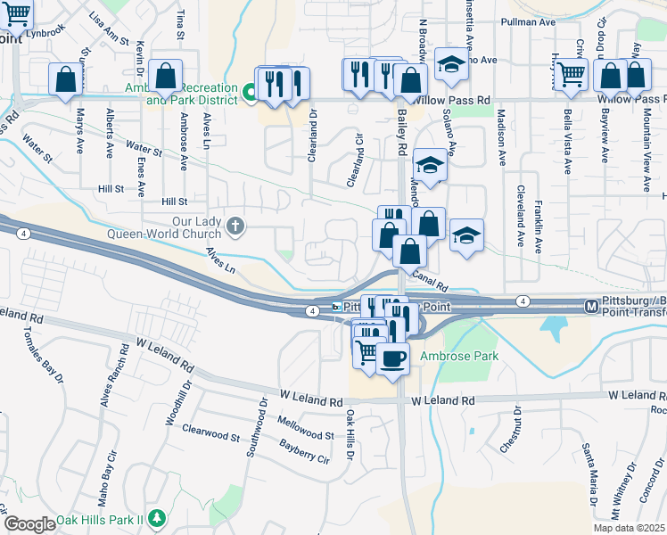 map of restaurants, bars, coffee shops, grocery stores, and more near 105 Lancaster Lane in Bay Point