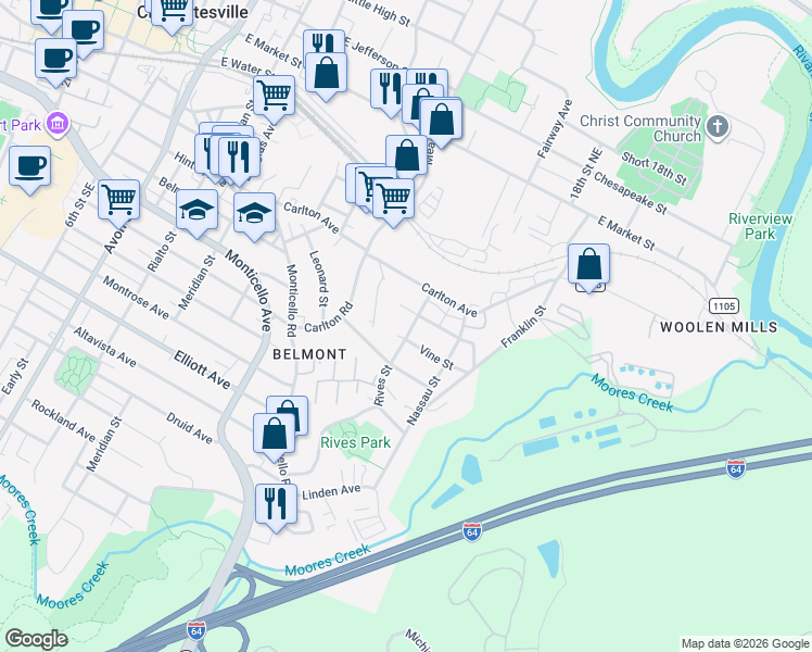 map of restaurants, bars, coffee shops, grocery stores, and more near 1400 Midland Street in Charlottesville