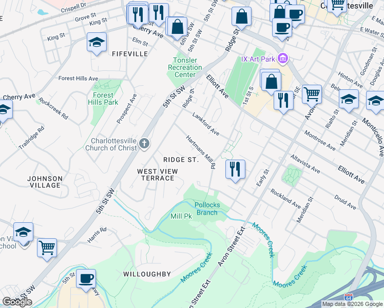 map of restaurants, bars, coffee shops, grocery stores, and more near 100 Paynes Mill Road in Charlottesville