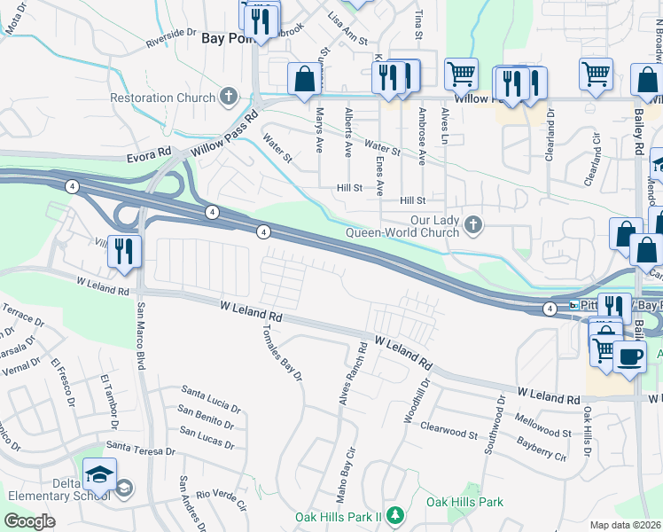map of restaurants, bars, coffee shops, grocery stores, and more near 4 Highway Avenue in Bay Point