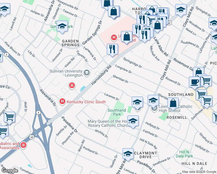 map of restaurants, bars, coffee shops, grocery stores, and more near 656 Cardinal Lane in Lexington