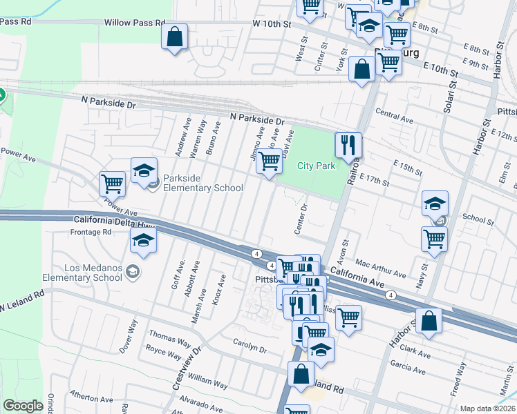 map of restaurants, bars, coffee shops, grocery stores, and more near 266 Davi Avenue in Pittsburg