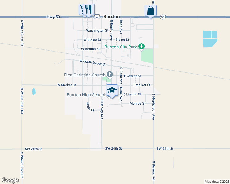 map of restaurants, bars, coffee shops, grocery stores, and more near 316 South Burrton Avenue in Burrton