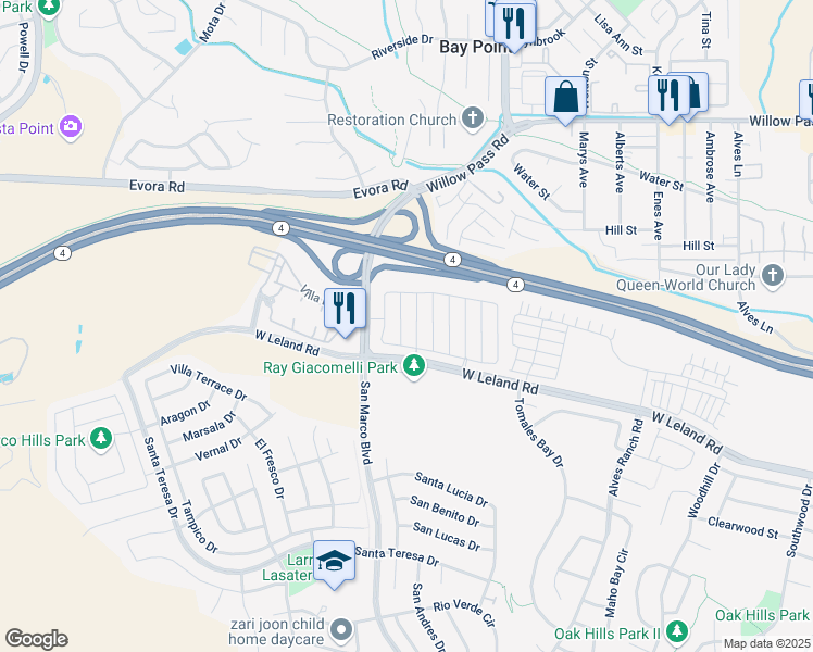 map of restaurants, bars, coffee shops, grocery stores, and more near 2624 Clarita Drive in Pittsburg