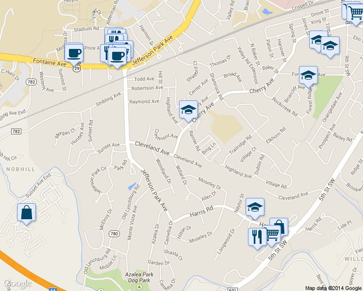 map of restaurants, bars, coffee shops, grocery stores, and more near 1712 Cherry Avenue in Charlottesville