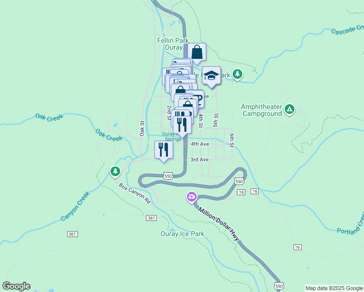 map of restaurants, bars, coffee shops, grocery stores, and more near 338 Main Street in Ouray