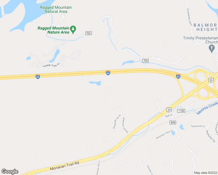 map of restaurants, bars, coffee shops, grocery stores, and more near 601 Shepards Hill Road in Charlottesville
