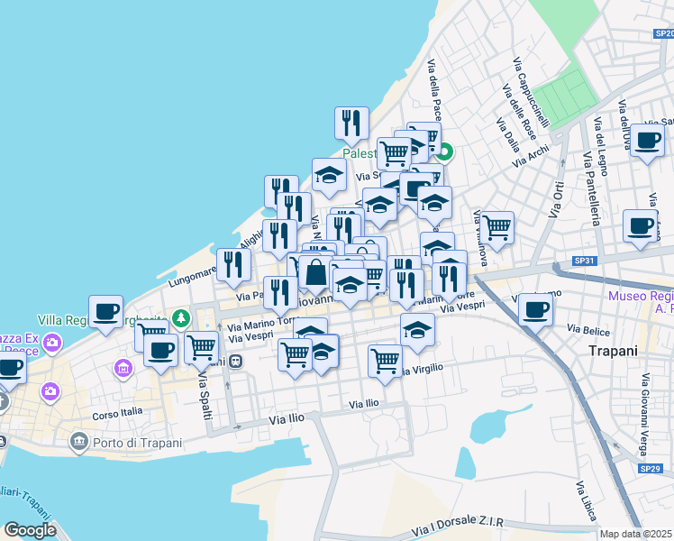 map of restaurants, bars, coffee shops, grocery stores, and more near 93 Via Livio Bassi in Trapani