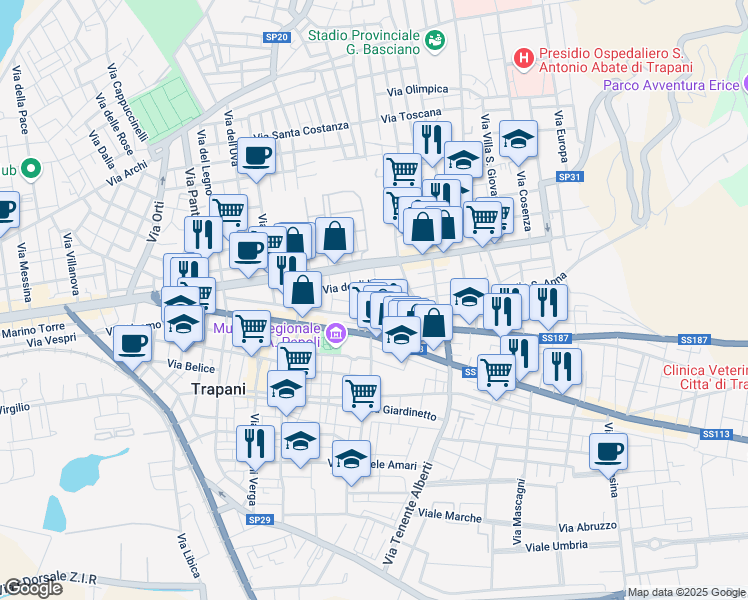map of restaurants, bars, coffee shops, grocery stores, and more near 36 Via dei Cedri in Trapani