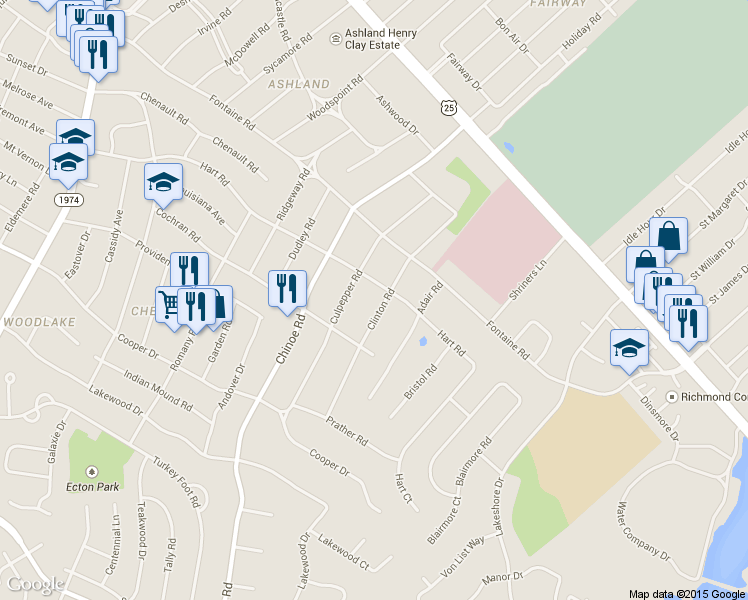 map of restaurants, bars, coffee shops, grocery stores, and more near 405 Clinton Rd in Lexington
