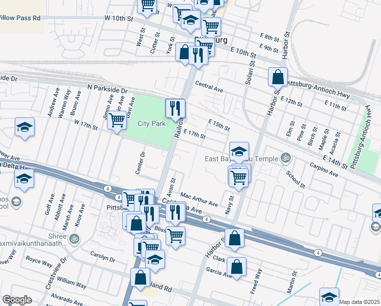 map of restaurants, bars, coffee shops, grocery stores, and more near 198 Oak Place in Pittsburg