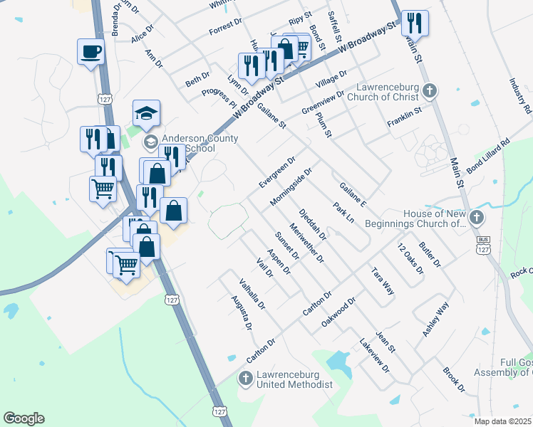 map of restaurants, bars, coffee shops, grocery stores, and more near 301 Sunset Drive in Lawrenceburg