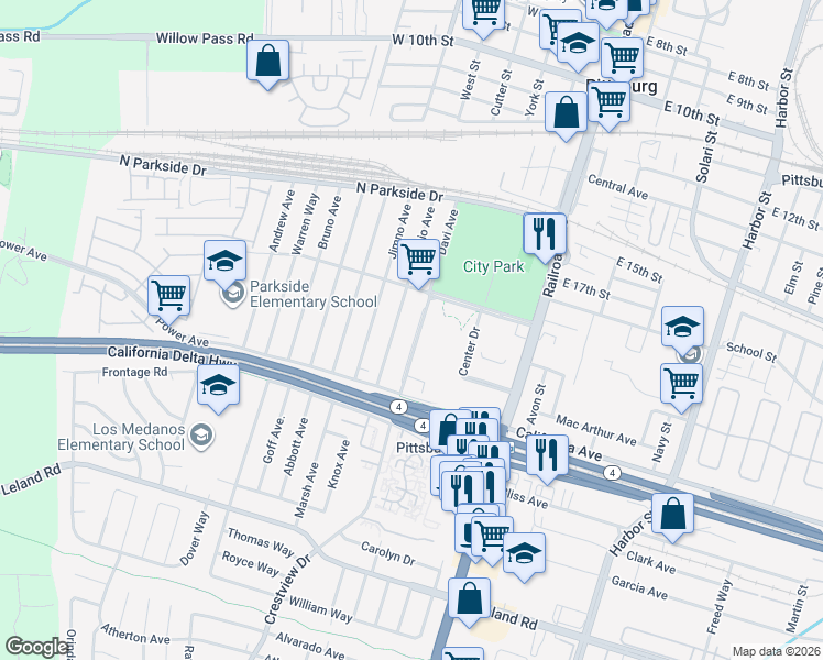 map of restaurants, bars, coffee shops, grocery stores, and more near 266 Davi Avenue in Pittsburg