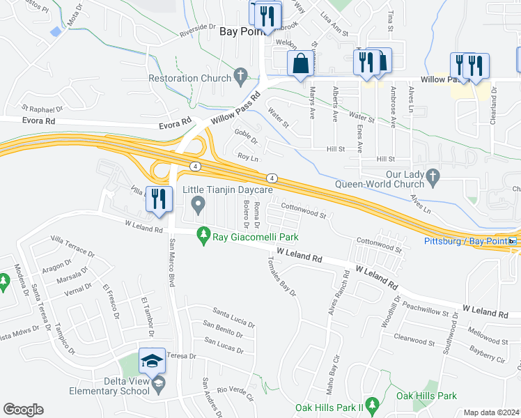 map of restaurants, bars, coffee shops, grocery stores, and more near 1660 Roma Drive in Pittsburg