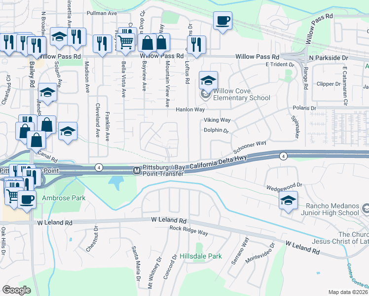 map of restaurants, bars, coffee shops, grocery stores, and more near 120 Maureen Circle in Bay Point