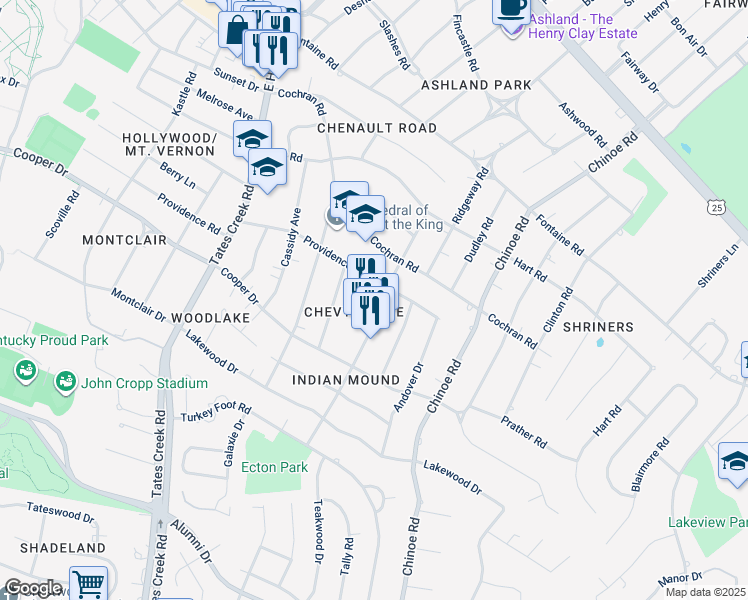 map of restaurants, bars, coffee shops, grocery stores, and more near 314 Romany Road in Lexington