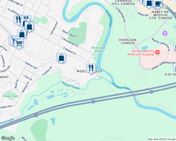 map of restaurants, bars, coffee shops, grocery stores, and more near 2004 East Market Street in Charlottesville