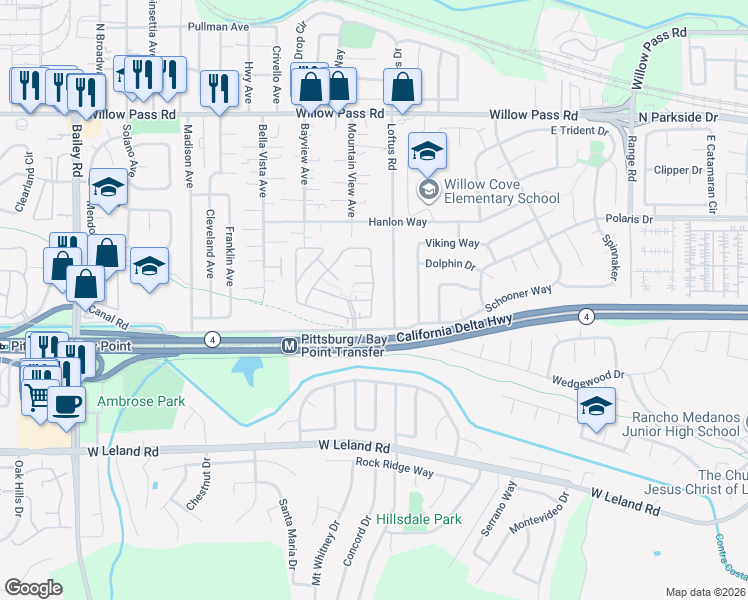map of restaurants, bars, coffee shops, grocery stores, and more near 120 Maureen Circle in Bay Point