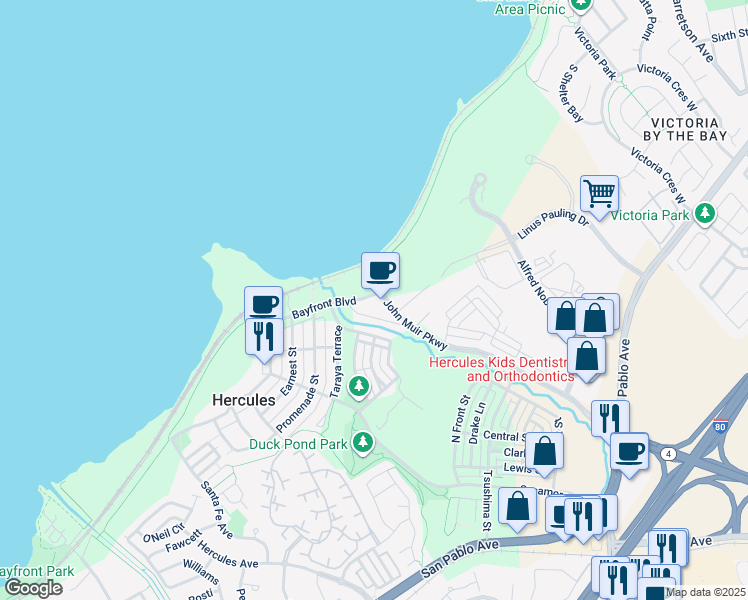 map of restaurants, bars, coffee shops, grocery stores, and more near in Hercules