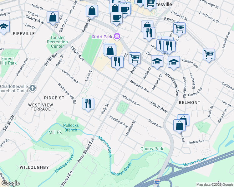 map of restaurants, bars, coffee shops, grocery stores, and more near 616 Altavista Avenue in Charlottesville