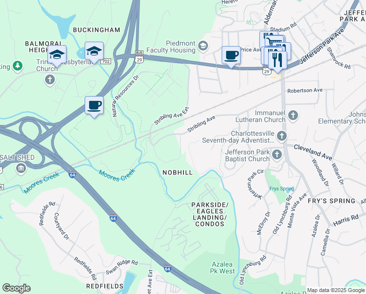 map of restaurants, bars, coffee shops, grocery stores, and more near 520 Nob Hill Circle in Charlottesville